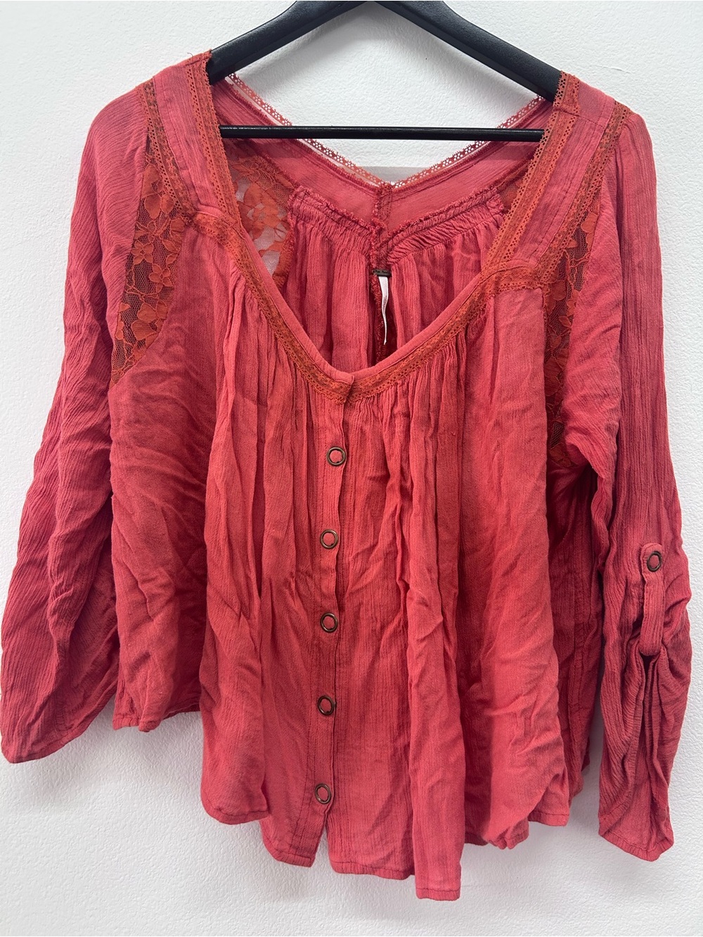 Free People Women’s Lace-Detail Button Front Peasant Top Size L